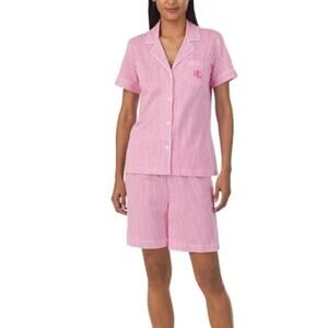 Lauren Ralph Lauren S Pajama Set Short-Sleeve Pink Striped Bermuda Shorts NEW